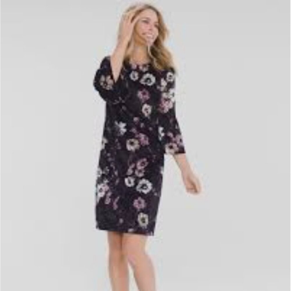 Chico’s Black Velvet Floral Bell Sleeve Lined Shift Dress Size 1 M 8 /10 NWOT
